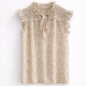 Pleione Cream Floral Smocked Yoke Blouse Tie Neck Ruffle Cap Sleeve Top Size S